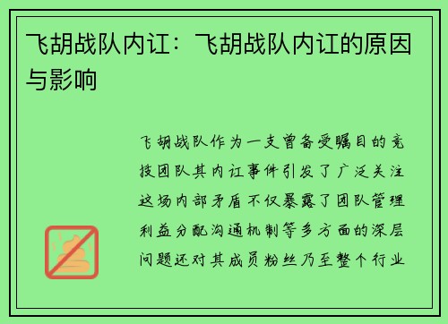 飞胡战队内讧：飞胡战队内讧的原因与影响